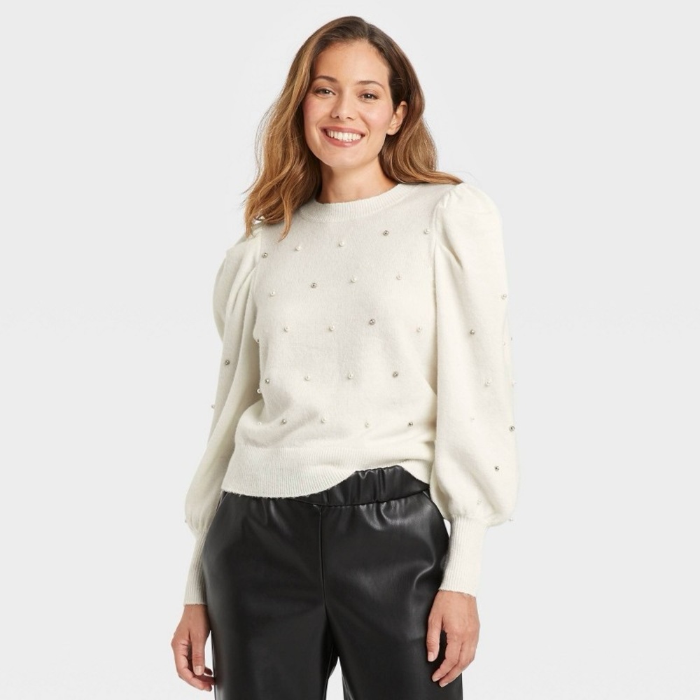 A NEW DAY Embellished Puff Sleeve Crewneck
Sweater in Cream Pearl Gem Size L NWT